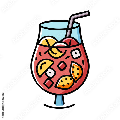 Colorful cocktail illustration featuring a glass filled with vibrant fruits, ice cubes, and a straw, evoking a refreshing summer drink concept for design purposes