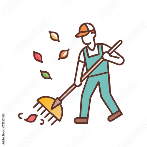 Male gardener in green overalls raking colorful autumn leaves in a park, showcasing outdoor maintenance work and seasonal change in a vibrant environment