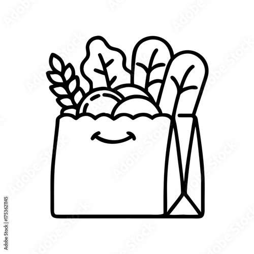 Illustration of a grocery bag filled with fresh vegetables and fruits, showcasing a healthy lifestyle and sustainable living concept with a cheerful design