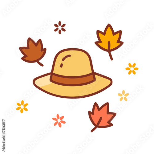 Yellow sun hat surrounded by colorful autumn leaves and flowers, creating a vibrant seasonal atmosphere, perfect for fall-themed designs and illustrations