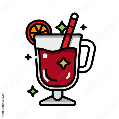 Colorful cocktail illustration featuring a refreshing drink in a glass with a straw and orange slice, surrounded by sparkling elements, perfect for summer-themed designs