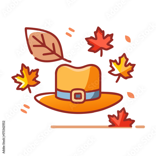 Colorful autumn leaves surround a vibrant orange hat with a blue band, creating a cheerful seasonal atmosphere, perfect for fall-themed designs and illustrations