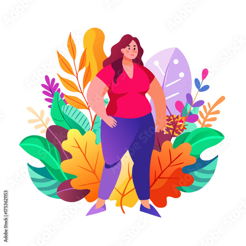 Illustration of a confident woman with long hair, wearing a red shirt and purple pants, standing amidst vibrant foliage and colorful leaves, embodying empowerment and nature