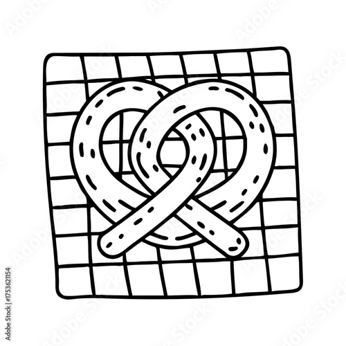 Hand-drawn illustration of a pretzel on a checkered background, showcasing the unique shape and texture, perfect for food-related designs and culinary themes