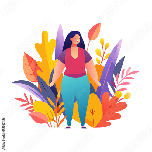 Illustration of a cheerful woman standing amidst vibrant foliage, surrounded by colorful leaves and plants, embodying nature and positivity in a whimsical garden setting
