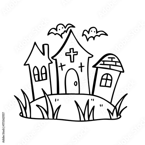 Whimsical illustration of three spooky houses with bats flying overhead, set on a grassy hill, creating a playful Halloween atmosphere with charming details
