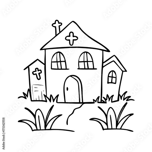Illustration of a whimsical church with a large main building and smaller structures, surrounded by grass and plants, conveying a charming and inviting atmosphere