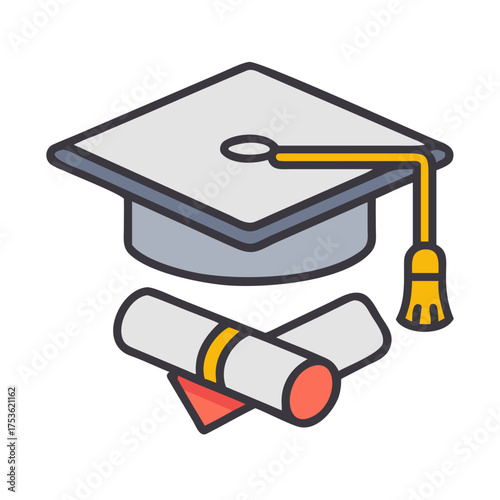 Graduation cap and diploma illustration, symbolizing academic achievement and success, representing education and future opportunities in a colorful and engaging design