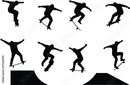 Skateboarding silhouettes, extreme sport, skateboard tricks, ramp jump, urban lifestyle, street culture, dynamic motion, athlete action, recreation activity, vector design