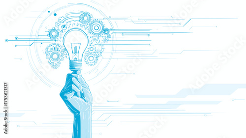 Robotic hand holding an illuminated light bulb with intricate gears and circuit lines, symbolizing AI innovation, technology, and bright ideas.