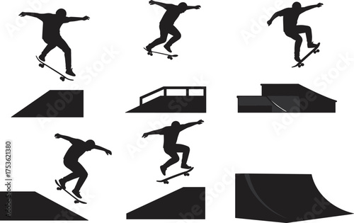 Skateboarding silhouettes, skateboard tricks, ramp design, skate park obstacles, ollie motion, extreme sport, urban lifestyle, street culture, athlete action, recreation scene