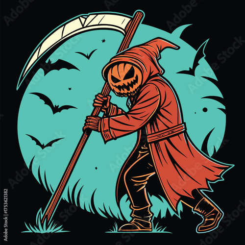 Halloween pumpkin reaper spooky scythe full moon night bats vector