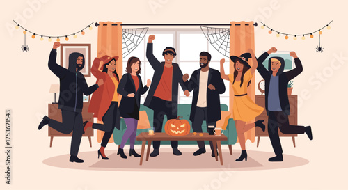 Happy diverse friends celebrating Halloween with festive decorations and pumpkin carving in a cozy living room, embodying youthful joy and seasonal spirit