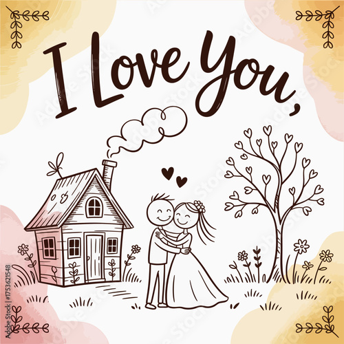 I Love You: A romantic illustration of a couple in love, holding each other in front of their new home with a heart-shaped tree. Expressing an adorable couple with new home and wedding ceremony.