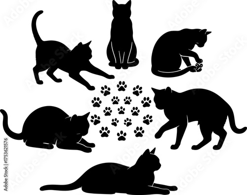 Collection of black cat silhouettes in various poses with paw prints pattern