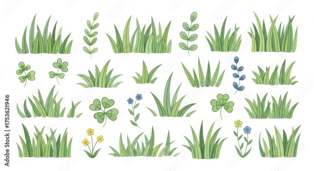 Fototapeta premium Watercolor Grass and Plant Elements - A collection of watercolor grass and plant elements, perfect for design projects.