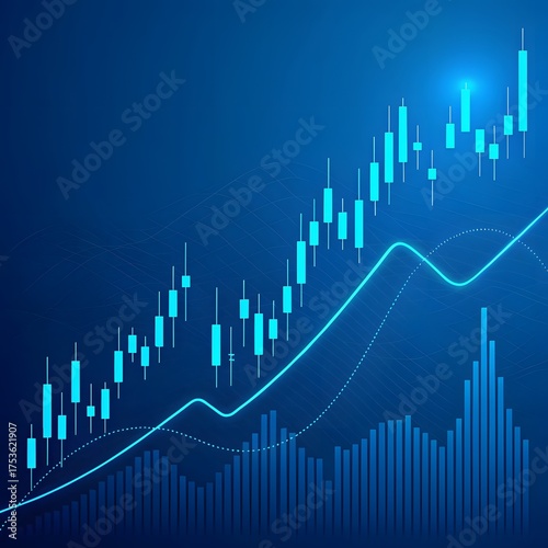 Blue Candlestick Stock Chart with Growing Trend glowing