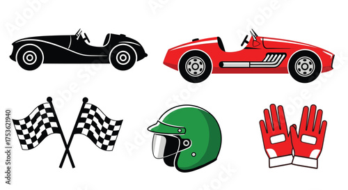Vintage racing with this collection of classic cars, checkered flags, helmet, and gloves, perfect for high-speed excitement