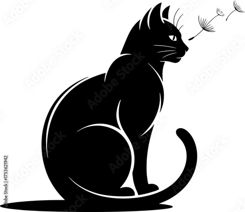 Mysterious black cat silhouette sitting gracefully with delicate butterflies fluttering around its face
