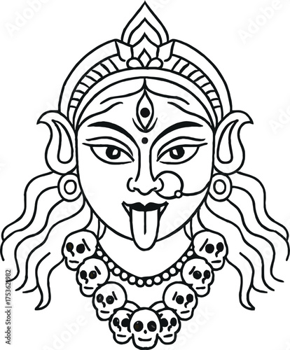 Line art illustration of the Hindu goddess Kali's face with a skull necklace, vector for the Kali Puja festival.