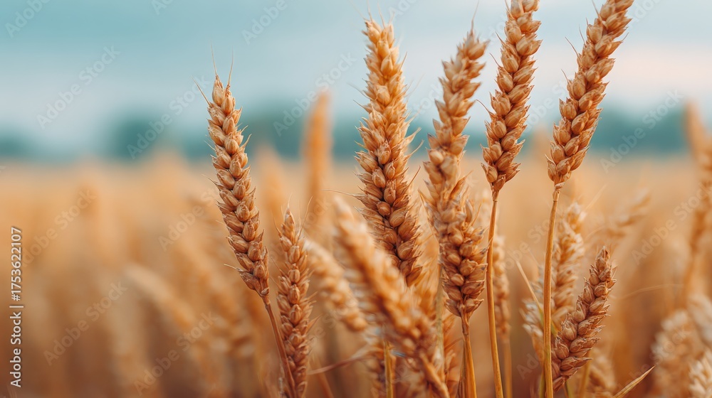Fototapeta premium Golden wheat field with beautiful sky background capturing agricultural splendor