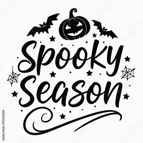 Spooky season halloween typography design with bats pumpkin and spiderwebs vector