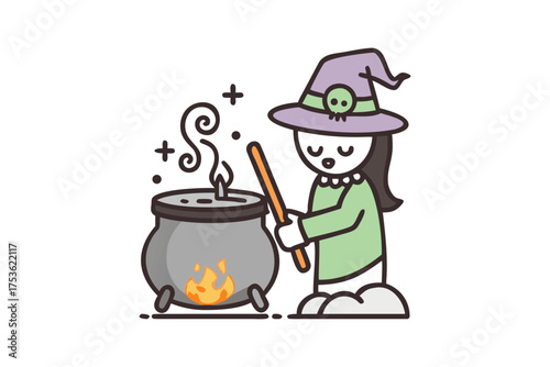 A cheerful witch stirring a magical brew in a bubbling cauldron