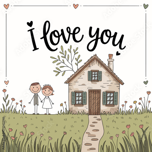 Love and Home Sweet Home: A heartwarming scene of 'I Love You' message, featuring a charming house and a loving couple, evokes feelings of home and romance.