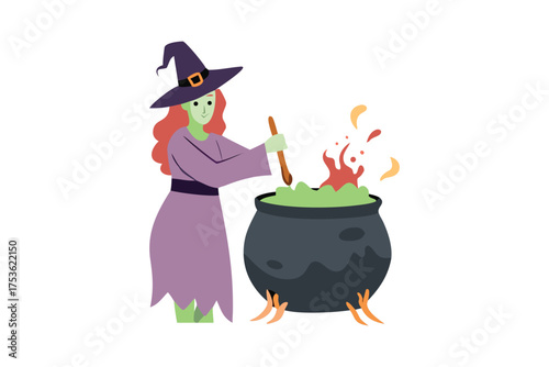 A green witch stirring a bubbling potion in a large cauldron