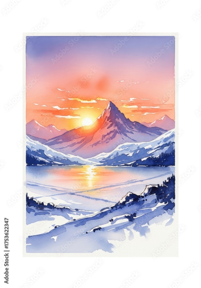 Naklejka premium Majestic Mountain Sunset Watercolor Painting - A stunning watercolor painting captures a mountain range at sunset with a lake reflecting the vibrant colors.