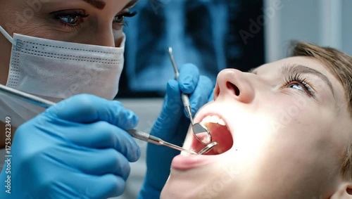 Close-up of a dentist examining a patient’s teeth using dental tools during a routine checkup. Professional oral health care and dental hygiene concept in a modern clinic.