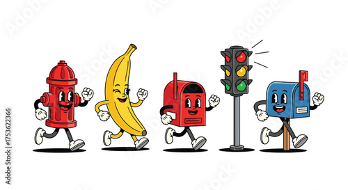 Whimsical cartoon characters running together: A vibrant group of friends on an adventure, perfect for children's illustrations and lighthearted designs