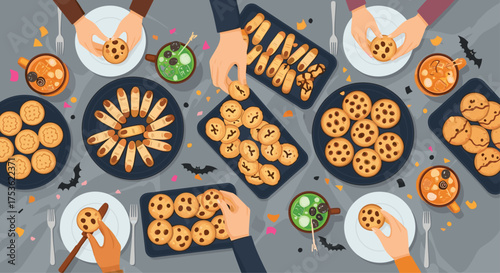Delightful Halloween party table with spooky cookies and drinks for a festive celebration, perfect for holiday promotions and fun family gatherings