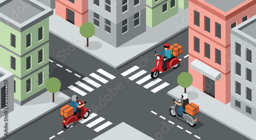Delivery via scooters in urban landscape for modern businesses needing fast shipping and logistics, excellent for e-commerce and food delivery