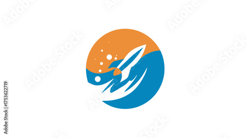 Modern graphic illustration of a rocket launching from ocean waves into the starry sky, symbolizing progress, innovation, and exploration.