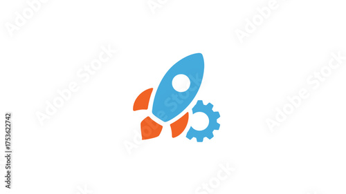 Rocket launch icon with gear for startup, business innovation, project development, technology advancement, and performance optimization.