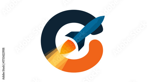 Abstract blue rocket launching from stylized 'C' letter icon, symbolizing startup, innovation, acceleration, growth, and business progress.
