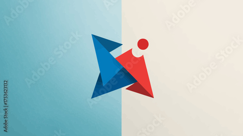 Modern abstract geometric icon with blue arrow shape and red human figure symbol on a split colored background