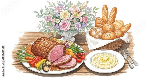 Thanksgiving Feast on a Wooden Table - A delightful Thanksgiving feast featuring roasted meat, bread, mashed potatoes, vegetables, and a beautiful floral arrangement.