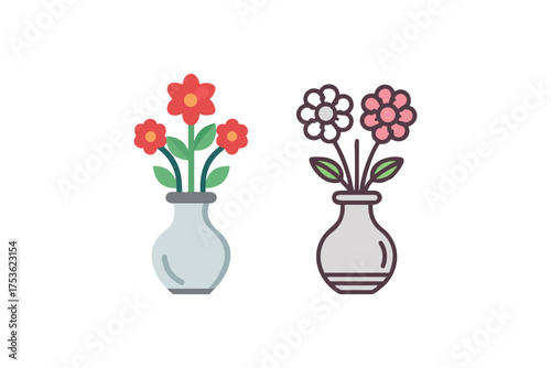 Simple illustration of two vases containing colorful stylized flower arrangements