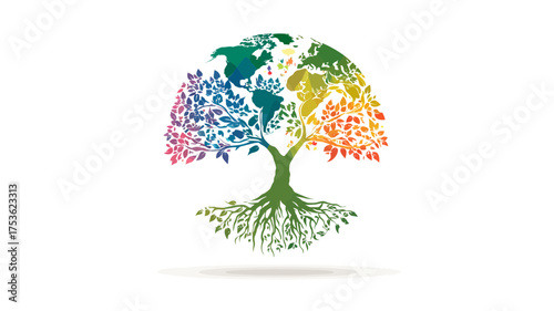 Colorful World Map Tree with Roots, Symbolizing Global Diversity, Environmental Sustainability, and Interconnectedness