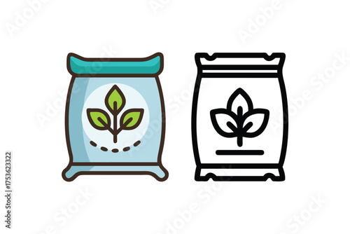 Colorful and outlined fertilizer bag icons with a leaf design shown