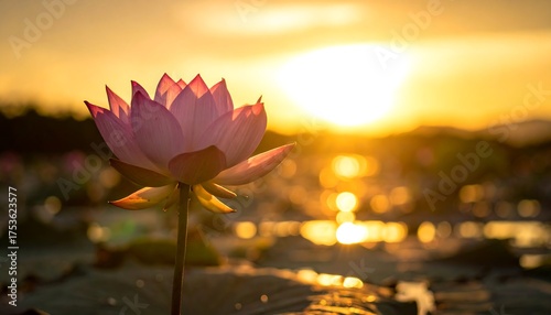 A pink lotus flower gracefully reaching toward a setting sun's warm glow. The blurred background hints at a body of water