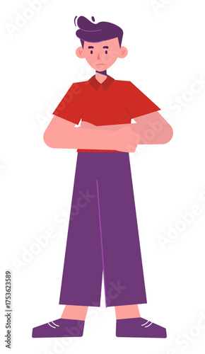 Digital illustration of a cartoon character in a red shirt and purple pants, showing a thoughtful expression.