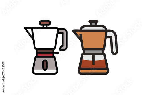 Two different style stovetop coffee makers are shown in a simple design