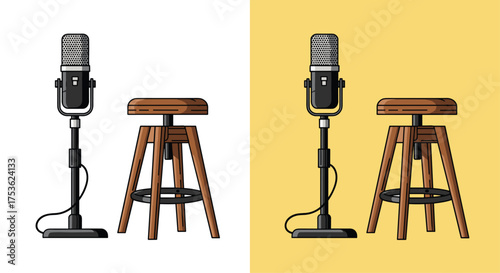 Set the Stage with a Sleek Podcast Studio Setup Featuring a Vintage Microphone and Cozy Wooden Stool, Ready for Captivating Content Creation