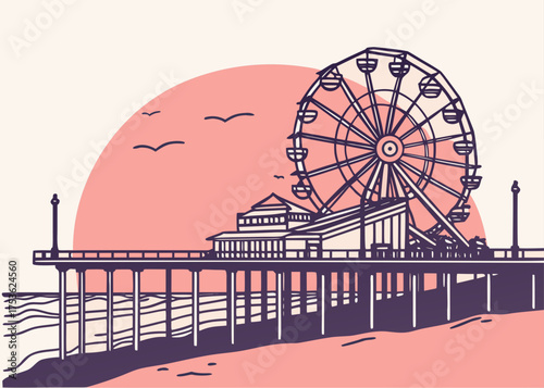 Santa Monica Pier minimal sunset vector with ferris wheel
