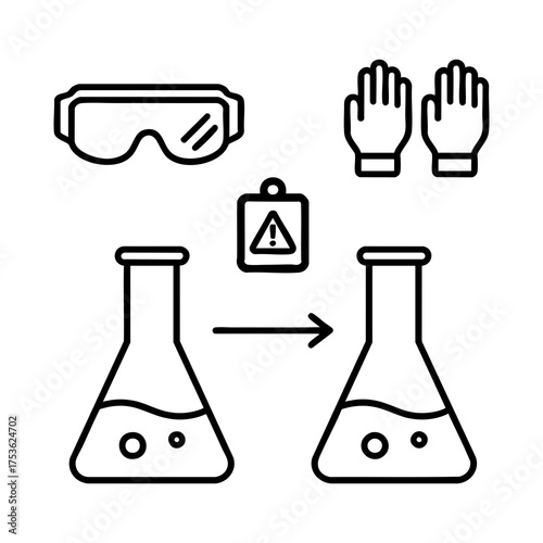 Safety laboratory equipment made in a linear style, with safety glasses, gloves, flasks and a warning symbol