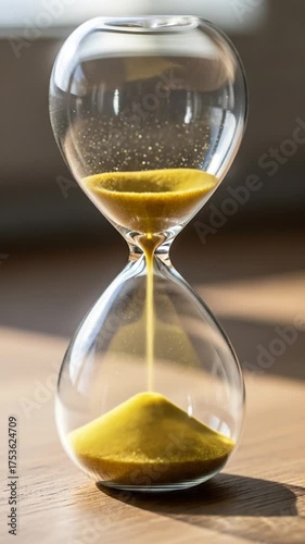 Clear Glass Hourglass With Golden Sand On Wooden Table