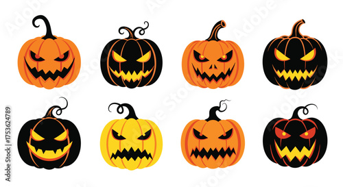 Eerie Halloween pumpkins with spooky carved faces for your seasonal designs and party invitations, perfect for a festive, frightening touch this year